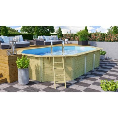 Trend Holzpool SET Achteck Langform | Blau | Metallecken | 610 x 400 x 124 cm |