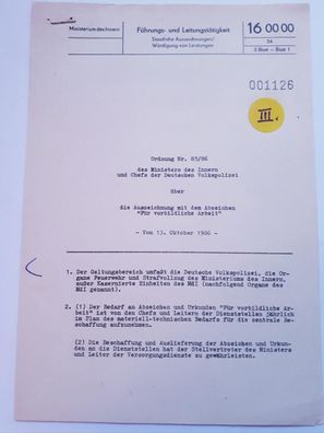 DDR MdI Ordnung Nr.85/86 Auszeichnung mit dem Abzeichen Für vorbildliche Arbeit