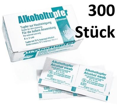 300 Stück Alkoholtupfer 6 x 3 cm 70% Isopropyl Alkohol getränkte Tupfer einzeln