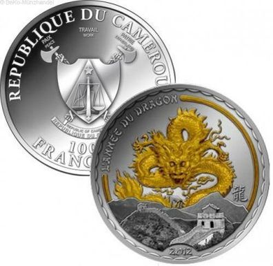 Kamerun 1000 Francs Silbermünze Jahr des Drache (gilded) 2012