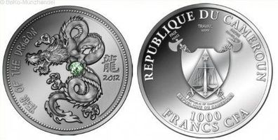 Kamerun 1000 Francs 1 Oz Silbermünze Diopsid Drache 2012