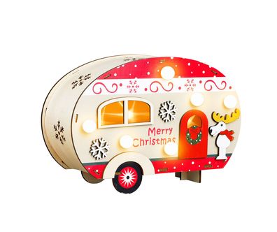 LED Holz Wohnwagen Weihnachten - 21 cm - Tisch Fenster Deko warm weiß Batterie