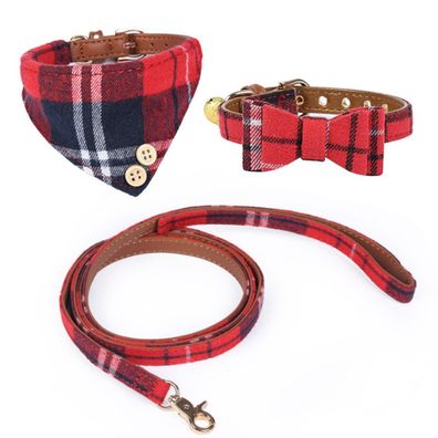 3-teiliges Fliege-Hundehalsband- und Leine-Set, verstellbares kariertes Hundehalsband