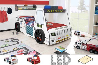 Autobett Kinder 90x200 cm Feuerwehr Kinderbett "Firetruck" LED-Licht Lattenrost