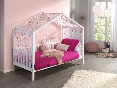 Vipack: Hausbett + Textilhimmel - Spielbett Kinderbett Jugendbett - Massiv Weiß