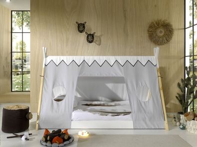 Tipi Bett mit Textilzeltdach+Lattenrost- 90x200 Kinderbett Zeltbett -Weiß