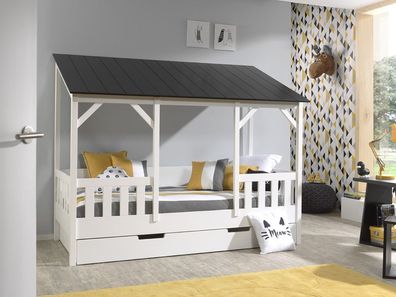 Vipack: Hausbett + Bettschublade - Spielbett Kinderbett Jugendbett Weiß-Schwarz