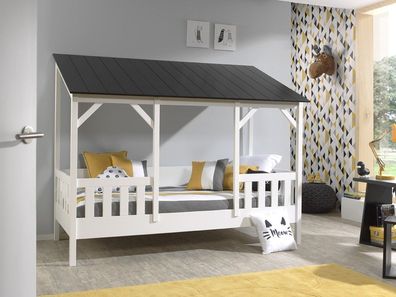 Hausbett Kinderbett 90x200 Kindermöbel Lattenrost Spielbett Landhaus Dach Schwarz