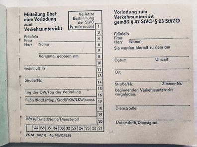 DDR MdI Vordrucke blanko Vorladungen zum Verkehrsunterricht