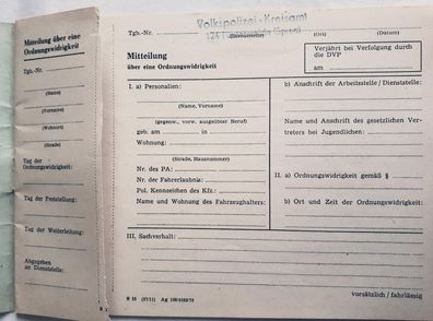 DDR MdI Vordrucke blanko Mitteilung über eine Ordnungswidrigkeit