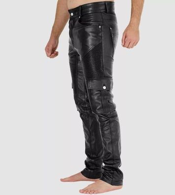 Herren Motorrad Rindsleder Hose Biker Lederhose 6 Pocket Cargo Biker Trousers