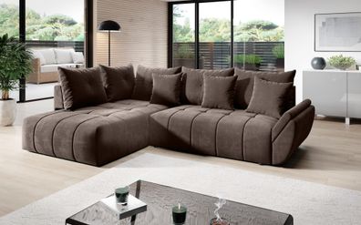 FURNIX Schlaf-Ecksofa BEYLAN Polstercouch L-Form Bettkasten und Kissen MH15 Braun