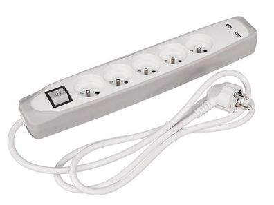 PEREL - EB5CGUSB - 5-Fach-Steckdosenleiste mit Schalter - 2 USB-Ports - grau