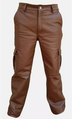 MDL Fshion Herren Bikerhose Braun Leder Cargo 6 Taschen Hose Motorrad Hose