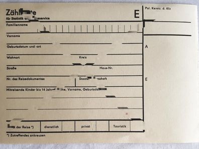 DDR MdI Zählkarte für Statistik und Reiseservice blanko