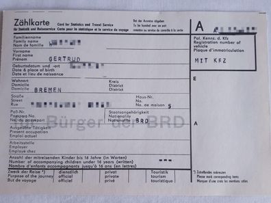 DDR MdI Zählkarte für Statistik und Reiseservice