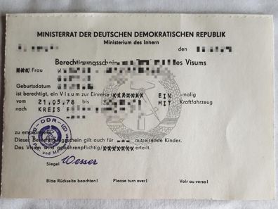 DDR MdI Berechtigungskarte zum Empfang eines Visums