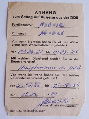 DDR MdI Anhang zum Antrag auf Ausreise aus der DDR