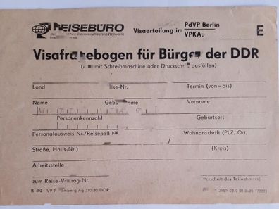 DDR MdI Visafragebogen für Bürger der DDR