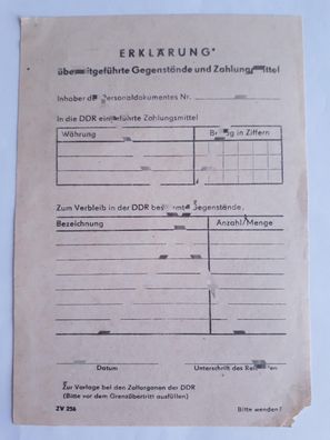 DDR MdI Erklärung über mitgeführte Gegenstände und Zahlungsmittel