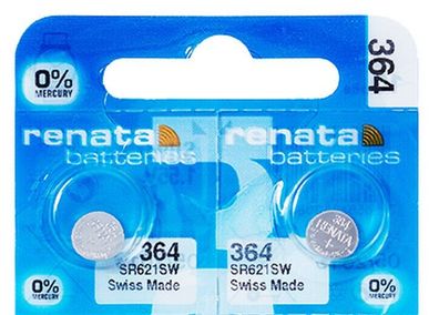 2 x RENATA Uhrenbatterie 364 für Armbanduhr Knopfzelle SR621 / V364 / LR 621 AG1