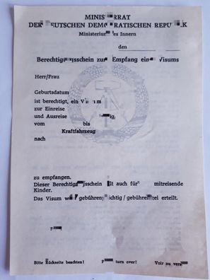 DDR Berechtigungsschein zum Empfang eines Visums