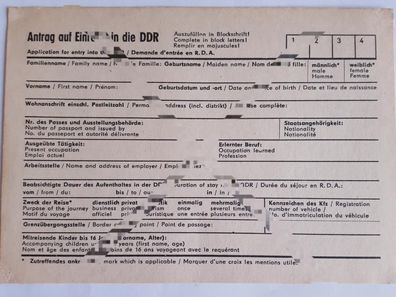 DDR MdI Antrag auf Einreise in die DDR