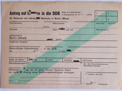 DDR Antrag auf Einreise in die DDR