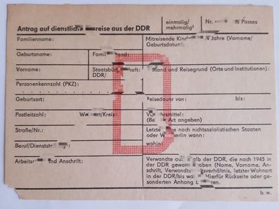 DDR MdI Antrag auf dienstliche Ausreise aus der DDR