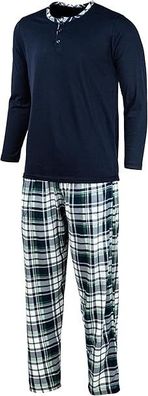 Schlafanzug Herren Pyjama Baumwolle Zweiteiliges Set Langarm Shirt Lange Pyjamahose