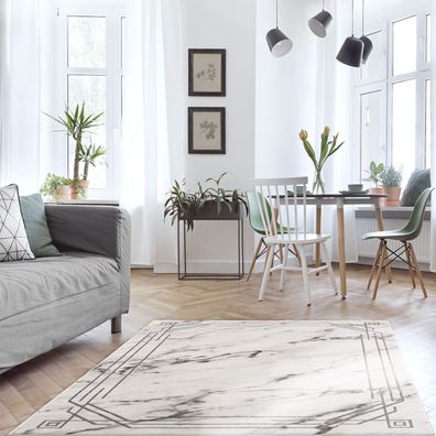 Teppich Wohnzimmer – Beige Grau - Kurzflor Vintage Bordüre Meliert Muster Modern