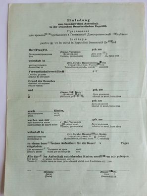 DDR MdI Vordruck Einladung zum besuchsweisen Aufenthalt in der DDR