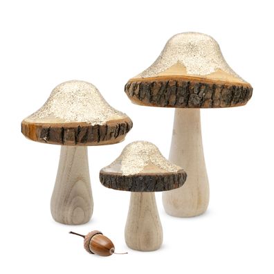 Holz Pilz Figur mit Glitzer 3er Set - 18 / 15 / 8 cm - Gold Herbst Wald Deko