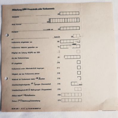 DDR MdI Vordruck Mitteilung Disziplinarstrafe oder Vorkommnis