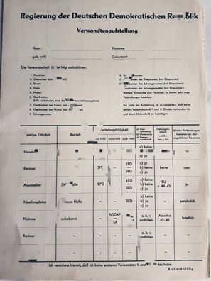 DDR MdI Vordruck Regierung der DDR Verwandtenaufstellung blanko