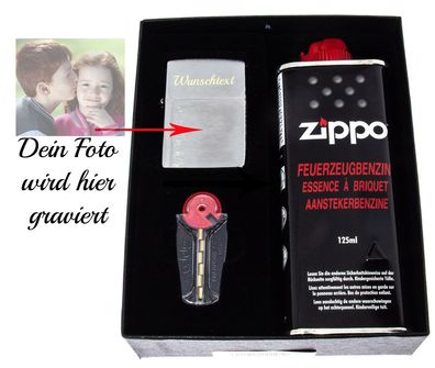 Zippo Geschenkset Chrome brushed mit Fotogravur