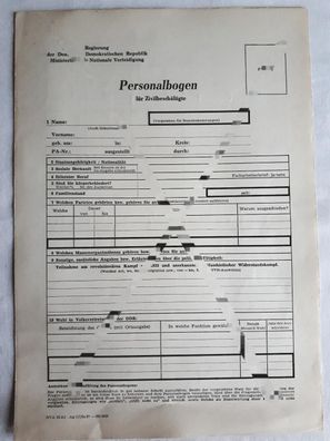 DDR NVA Personalfragebogen für Zivilbeschäftigte blanko