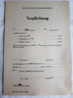 DDR NVA Vordruck Verpflichtung blanko