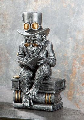 Design Skulptur Steampunk Lesender AFFE 22x11cm Silber antik Reading Ape Poly