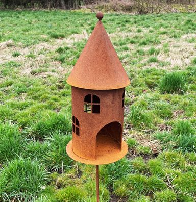 Vogelhaus Futterhaus zum Beleuchten 42x20cm + Stab Gartenstecker Edelrost Deko