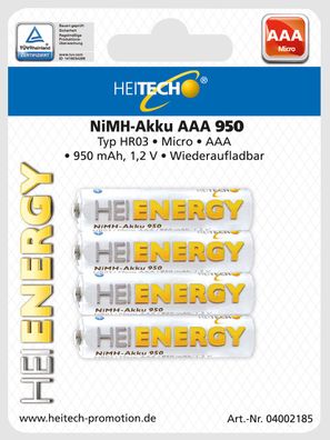 Heitech 4er Pack NIMH-Akku, Micro/AAA / HR03 950 mAh Wiederaufladbare Batterie