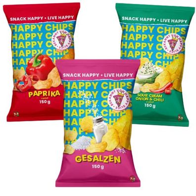 Happy Chips by Knossi, Trymacs Set Sour Cream Onion&Chili, Gesalzen, Paprika450g