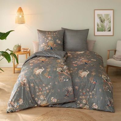 Estella Mako Jersey Bettwäsche 135x200 Kim grau Pfau Vögel Rosen Wende 6355-810