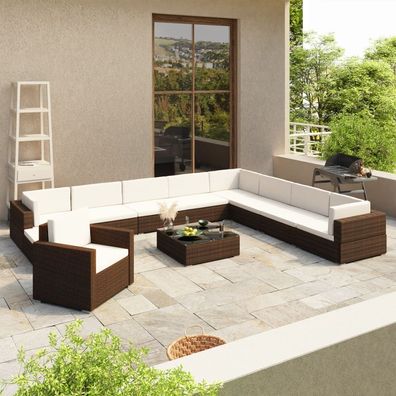 vidaXL 12-tlg. Garten-Lounge-Set mit Auflagen Poly Rattan Braun