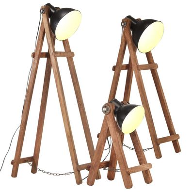 vidaXL Stehlampen 3 Stk. Schwarz E27 Mango Massivholz