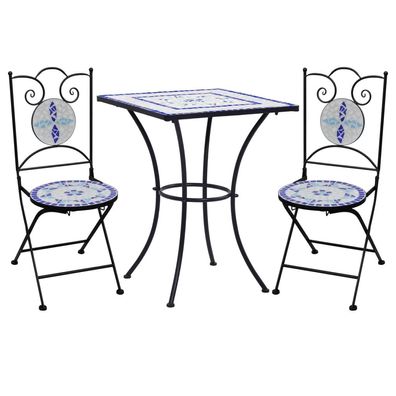 vidaXL 3-tlg. Bistro-Set Mosaik Keramik Blau und Weiß