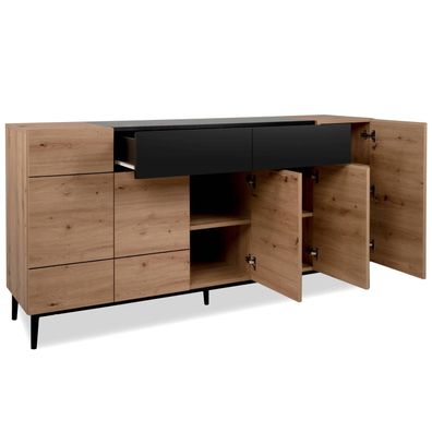 Sideboard Kommode Eiche Holz in Natur Schwarz Wohnzimmerschrank