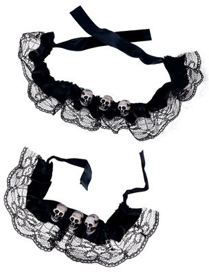 Totenkopf Set Halsband und Armband schwarz m Totenköpfen Halloween Film Karneval