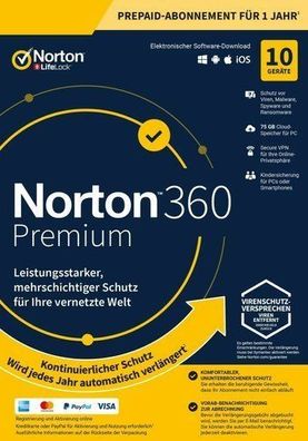 Norton 360 Premium - 10 - Geräte / 1 Jahr PC/Mac/Android / Abo / ESD