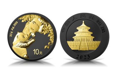 Silbermünze 30 Gramm China Panda Black Platinum & 24k Gold 2023 999 Silber